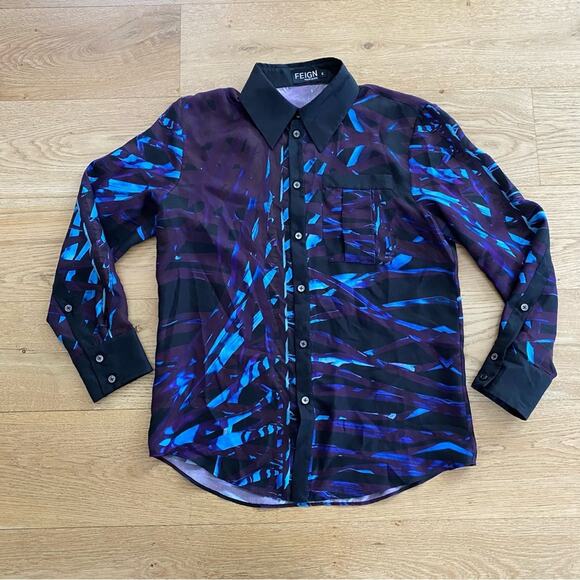 Feign NYC Print Silk Shirt in Black Purple and Blue - Picture 1 of 3